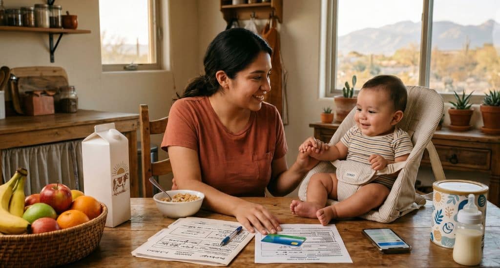 Madre hispana en Arizona revisando beneficios WIC para alimentos de su bebé