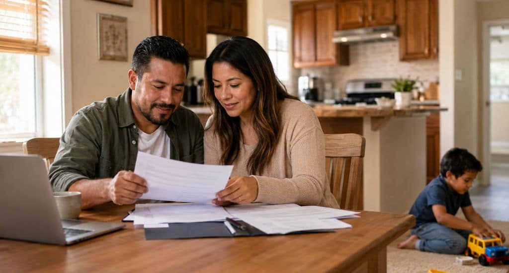 Familia hispana revisando Young Child Tax Credit en California