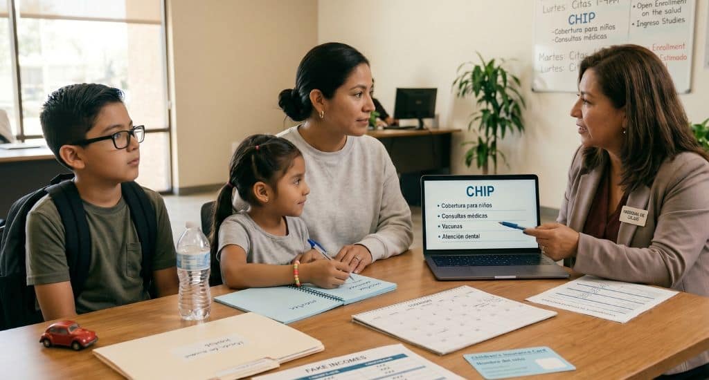 Madre hispana recibiendo información sobre el programa CHIP para el seguro médico de sus hijos