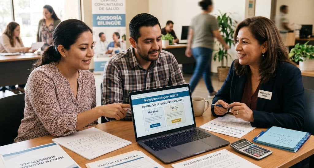 Familia hispana revisando en una laptop cómo inscribirse en Obamacare en español