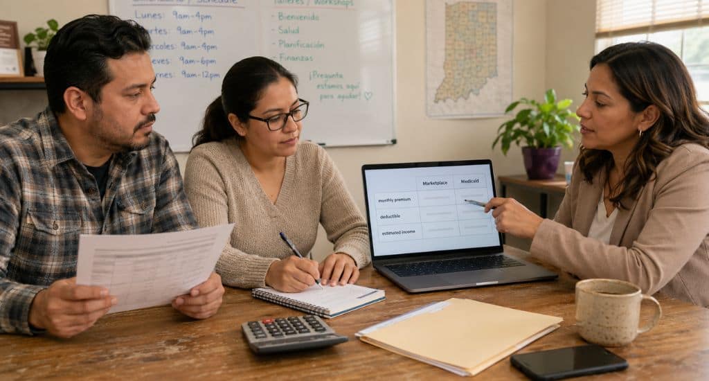 Familia hispana comparando Marketplace y Medicaid para elegir seguro médico en 2026