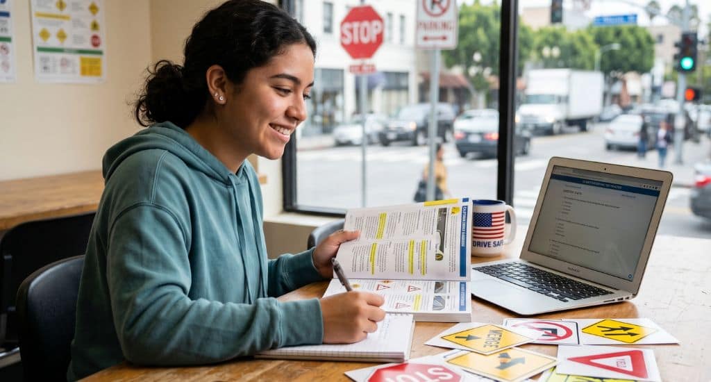 Persona estudiando señales de tránsito para el examen de manejo de licencia de conducir en Estados Unidos.