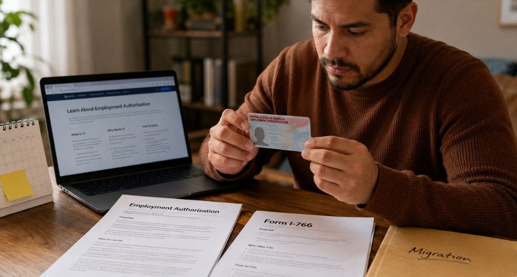 Persona hispana revisando una tarjeta de permiso de trabajo EAD