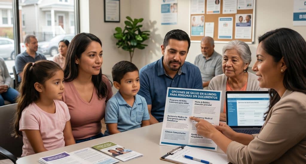 Familia hispana en Illinois recibiendo orientación sobre seguro médico sin papeles y programas de salud