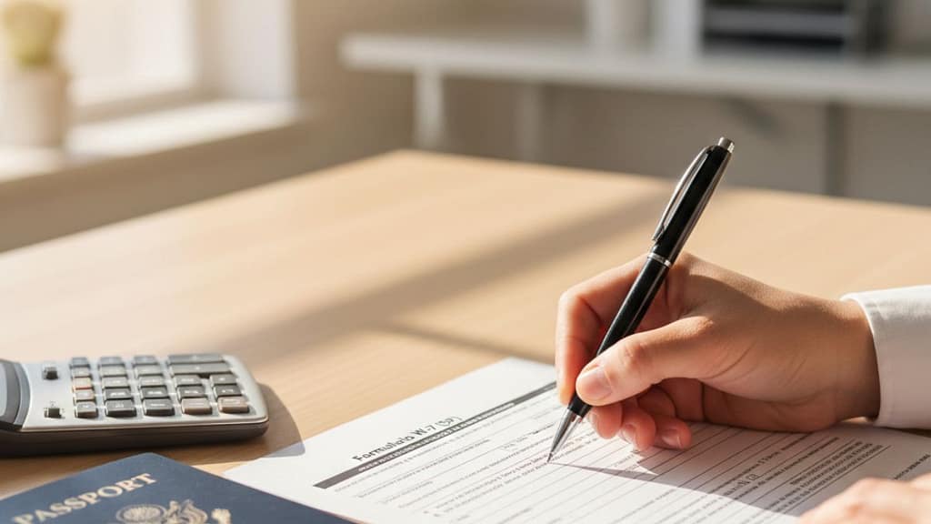 Una mano sosteniendo un pasaporte y el formulario W-7 del IRS sobre un escritorio de madera, listo para solicitar el número ITIN.
