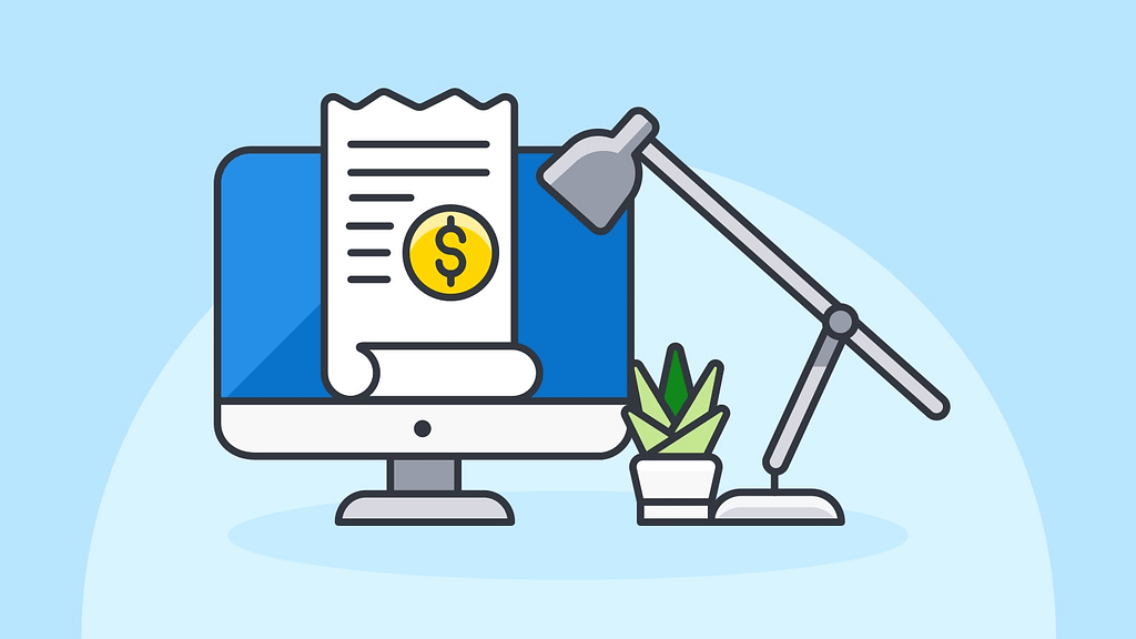 Ilustración minimalista en tonos azul y gris que muestra a un trabajador hispano contratista 1099 revisando documentos y usando una laptop para preparar su declaración de impuestos como trabajador independiente en Estados Unidos.