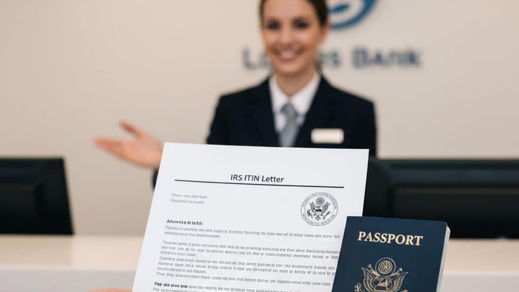 Una persona presentando su carta oficial del ITIN del IRS y su pasaporte extranjero en un escritorio bancario para abrir una cuenta en Estados Unidos sin Seguro Social.