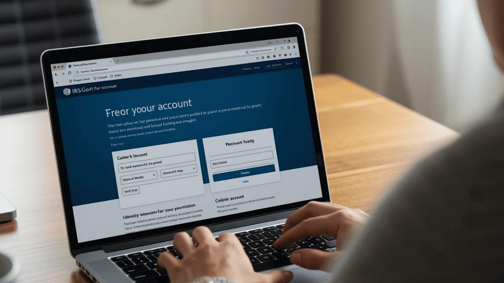 Persona creando una cuenta en IRS.gov desde una laptop para revisar impuestos en Estados Unidos