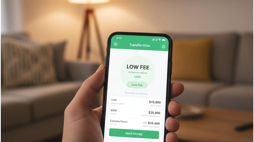 La aplicación de Wise abierta en un smartphone mostrando una transferencia de dólares a pesos con el tipo de cambio real del mercado.