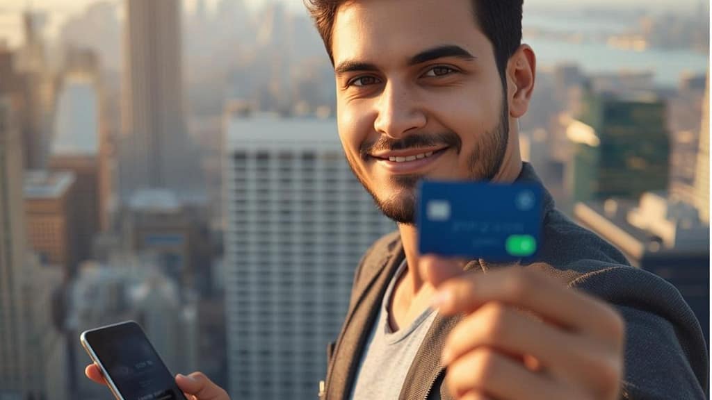 Joven inmigrante hispano sosteniendo su primera tarjeta de crédito en EE. UU. con un skyline de fondo, empezando a construir su historial crediticio desde cero.