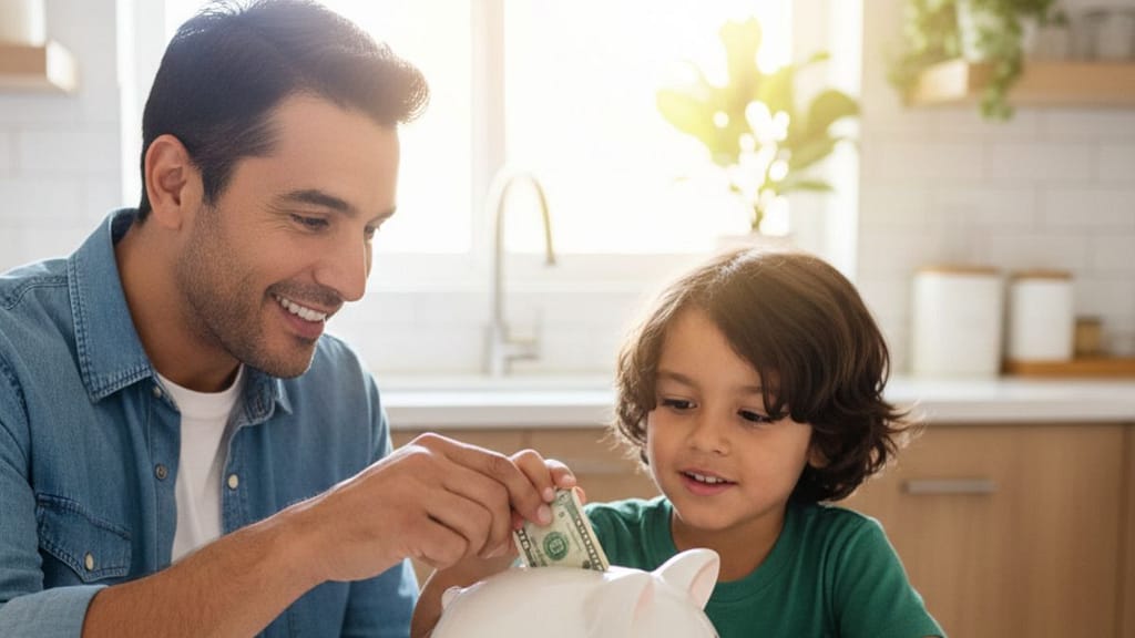 Padre e hijo hispanos ahorrando dinero en una cuenta bancaria en Estados Unidos 2026.