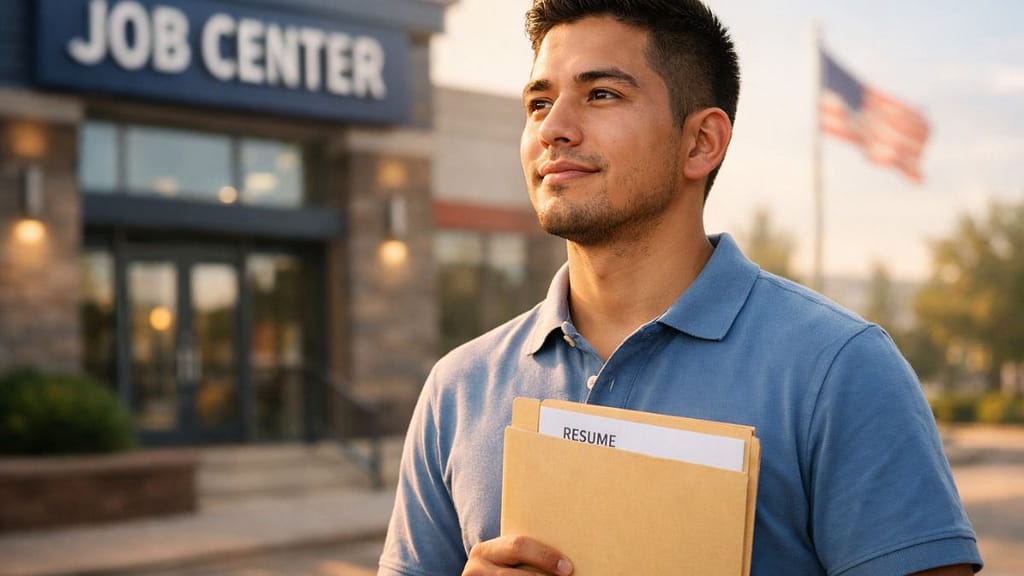 Joven hispano listo para su primera entrevista de trabajo en Estados Unidos, representando la búsqueda de empleo para recién llegados sin experiencia local.
