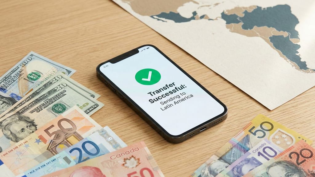 Smartphone con aplicación de envío de dinero exitosa y billetes de dólares, euros y otras divisas sobre un mapa de Latinoamérica.