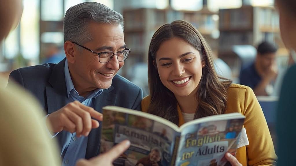 Adultos hispanos aprendiendo inglés en una biblioteca pública de Estados Unidos, usando libros y recursos gratuitos de ESL en 2026.