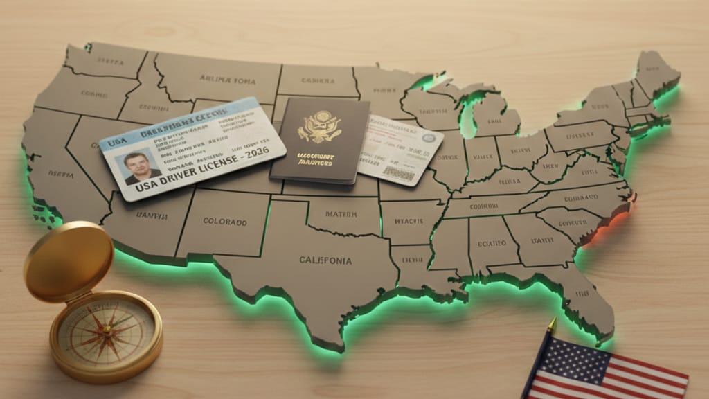 Mapa de Estados Unidos 2026 mostrando los estados que permiten licencias de conducir a indocumentados, junto a un pasaporte y matrícula consular.