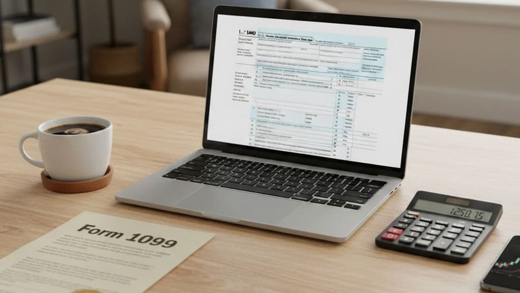 Formulario 1099 sobre un escritorio con laptop y calculadora, guía de impuestos para hispanos en EE. UU.