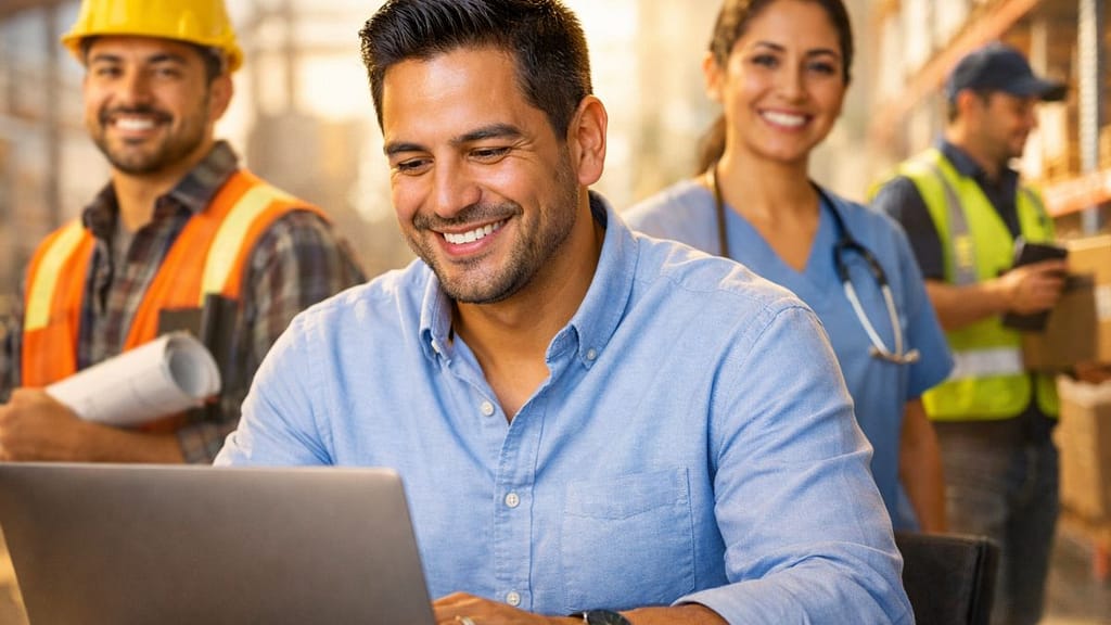 Guía completa sobre trabajos en Estados Unidos para hispanos, mostrando diversidad de profesiones y búsqueda de empleo en 2026.