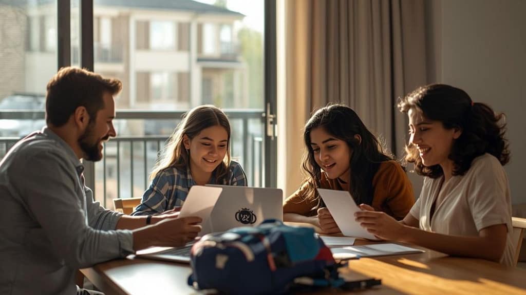 Familia hispana feliz organizando sus finanzas, documentos escolares y vida diaria en la mesa de su nuevo hogar en Estados Unidos.