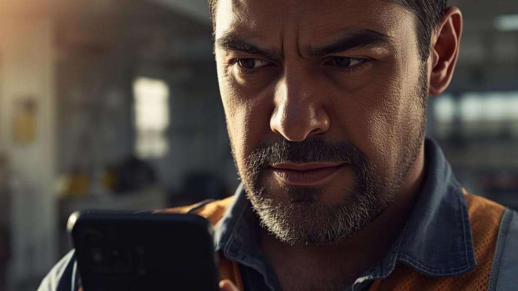 Un trabajador hispano en EE. UU. usando su celular para enviar un mensaje de texto reclamando horas no pagadas en su cheque, representando la acción contra el robo de salario en 2026.