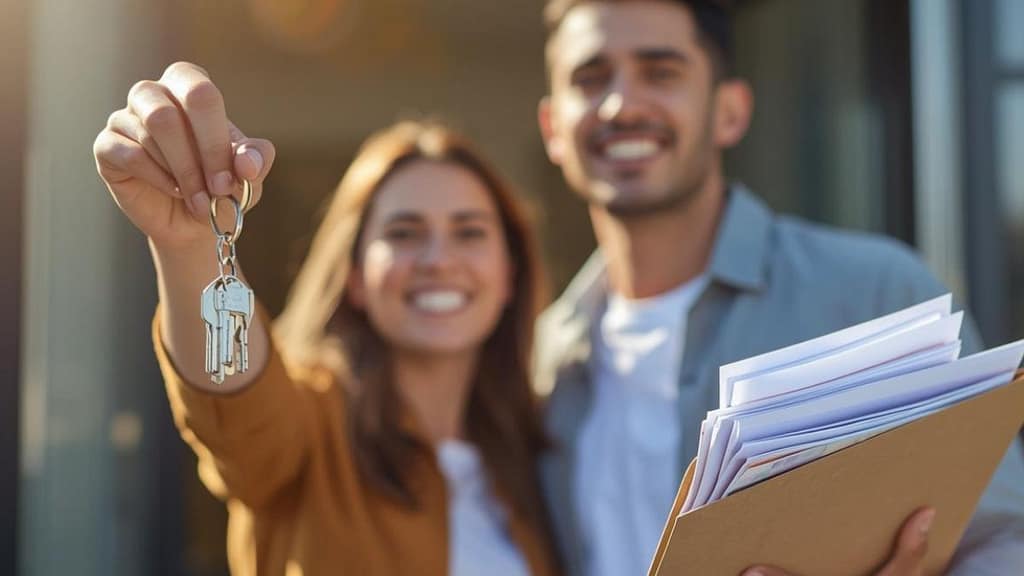 Pareja hispana feliz mostrando las llaves de su nuevo apartamento en Estados Unidos, tras demostrar ingresos con documentos alternativos al paystub.