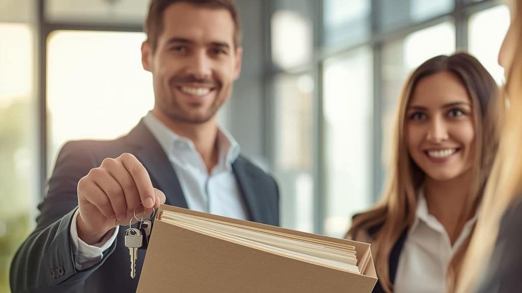 Joven hispano entregando una carpeta con documentos organizados y comprobantes de ingresos a un dueño de apartamento para rentar vivienda sin historial crediticio en Estados Unidos.