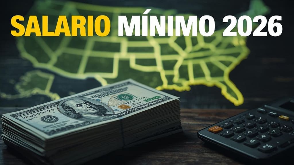 Gráfico informativo sobre el Salario Mínimo en Estados Unidos para 2026, mostrando billetes de dólar, un mapa de EE.UU. y el texto "SALARIO MÍNIMO 2026". Guía actualizada de InfoHispanos