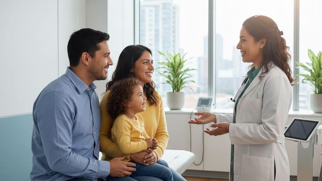 Familia hispana recibiendo atención médica económica en Estados Unidos