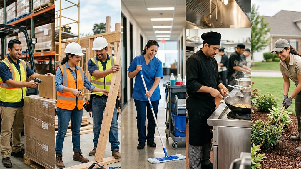 Trabajadores hispanos en Estados Unidos en empleos de almacén, construcción, limpieza, cocina y jardinería.