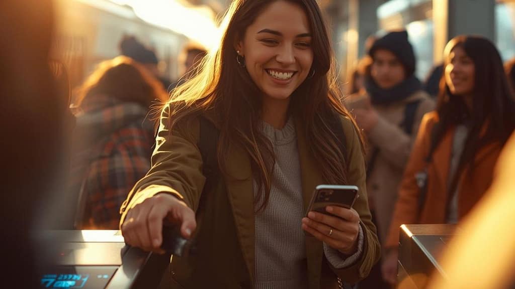 Una joven mujer hispana usando su celular para pagar y abordar un metro en una bulliciosa estación de Estados Unidos en 2026, representando el uso efectivo del transporte público sin carro