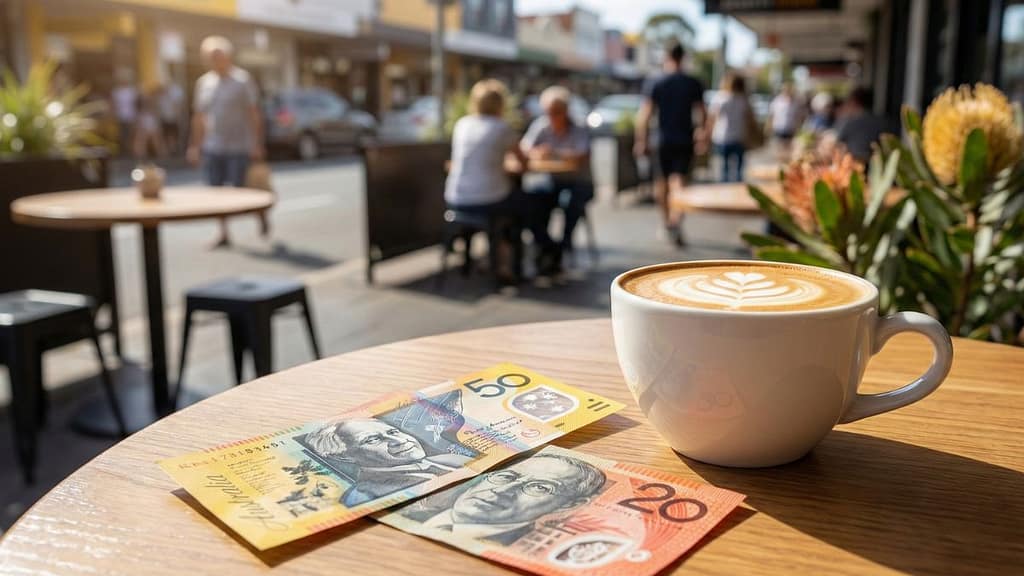 Billetes australianos y café sobre una mesa representando el costo de vida y salarios en Australia 2026.