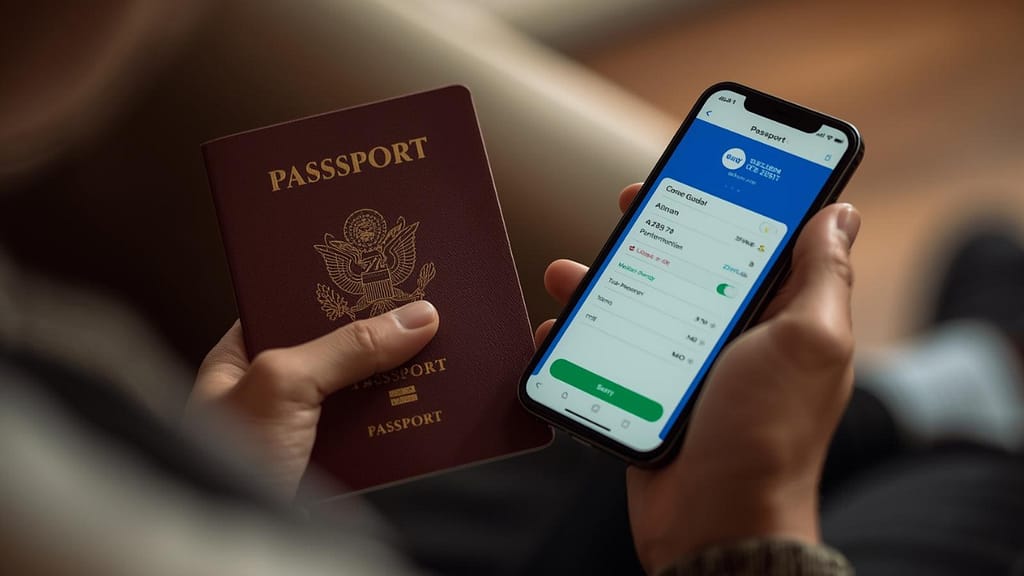 Manos sosteniendo un pasaporte y un teléfono celular para enviar dinero por una aplicación de remesas