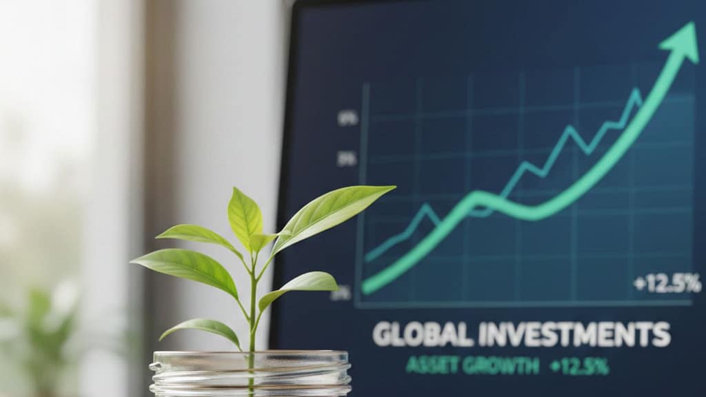 Planta creciendo sobre monedas internacionales representando la inversión y el ahorro para hispanos en el extranjero.