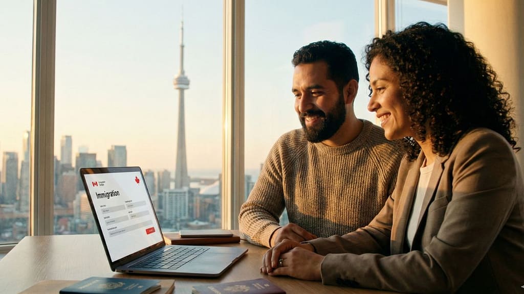 Pareja profesional hispana mirando un portátil con información sobre el proceso de Express Entry Canadá 2026 con una ciudad canadiense de fondo.