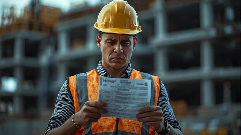 Trabajador de construcción preocupado revisando un cheque de pago 1099 en una obra.