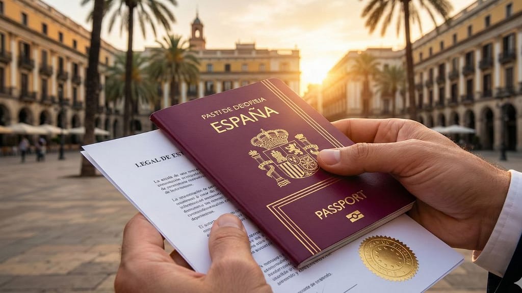 Pasaporte español y documentos legales representando la obtención de la nacionalidad por residencia para hispanos en 2026.