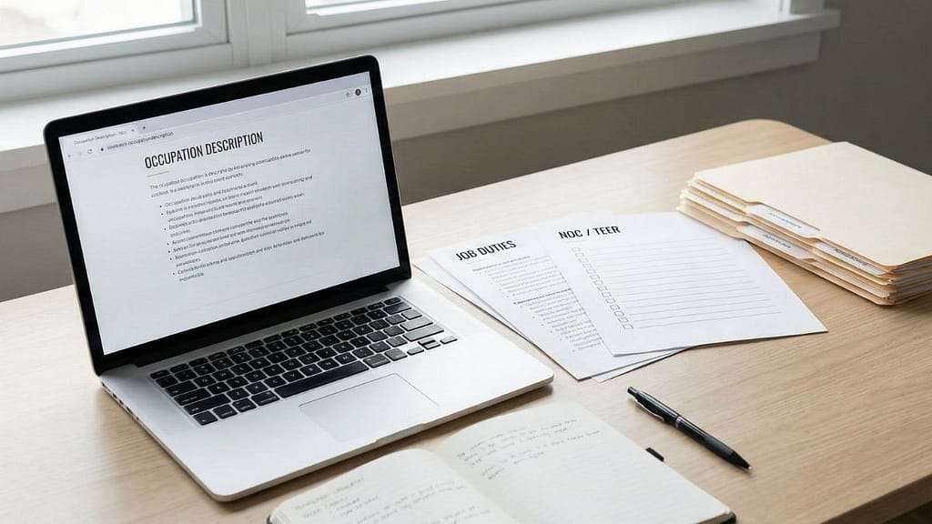 Documentos comparando funciones laborales para elegir correctamente el NOC y TEER en Canadá