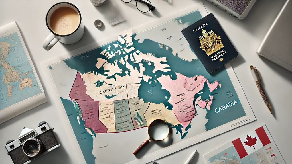 Mapa de provincias de Canadá con pasaporte y lupa, representando los programas de nominación provincial PNP para hispanos en 2026.