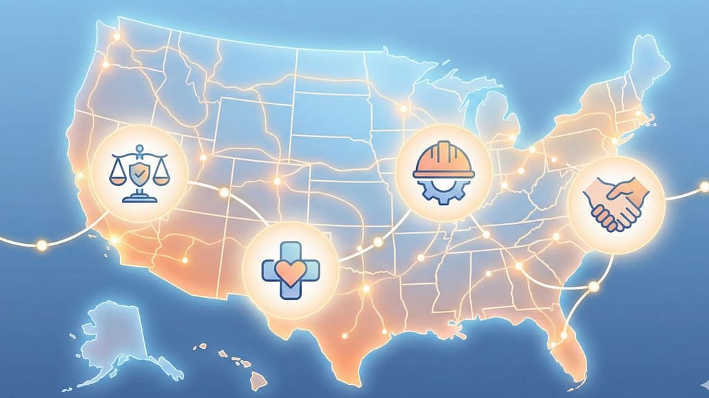 Ilustración de una red de apoyo en Estados Unidos conectando iconos de ayuda legal, salud, trabajo y comunidad para hispanos.