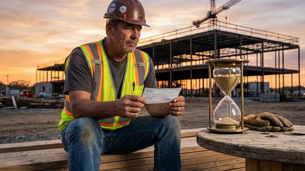 Trabajador revisando su talón de pago con preocupación, representando el problema del robo de salarios en Estados Unidos.