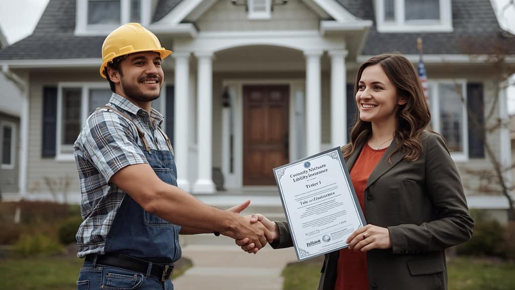Contratista mostrando certificado de seguro de responsabilidad civil a un cliente en estados unidos