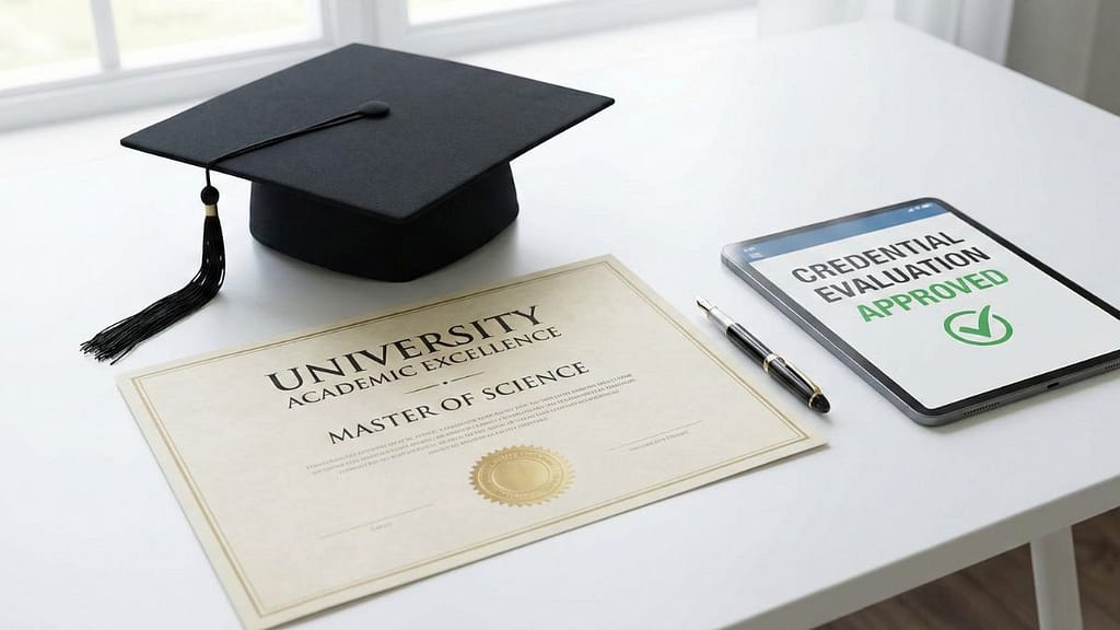 Título universitario y birrete sobre un escritorio representando la validación de estudios en Estados Unidos.