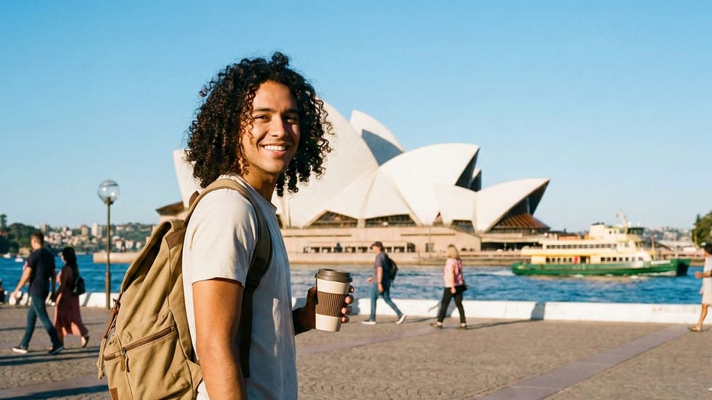 Estudiante hispano frente a la Ópera de Sídney representando la visa de estudiante en Australia para 2026.