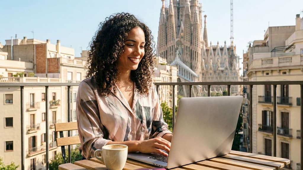 Nómada digital trabajando desde una terraza en España con un portátil y pasaporte español sobre la mesa.