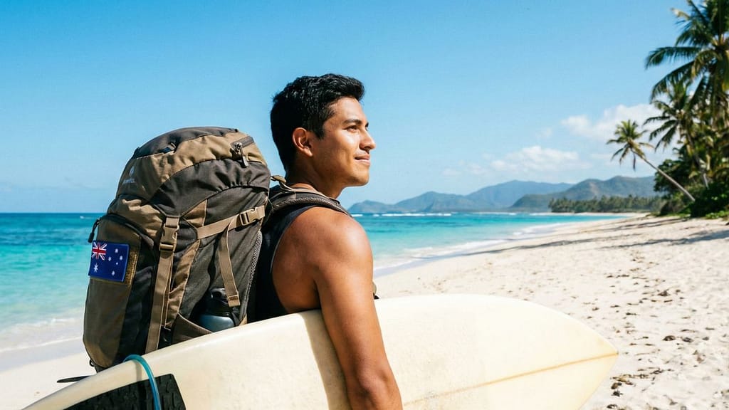 Joven viajero con mochila representando la visa Work and Holiday Australia 462 en 2026.