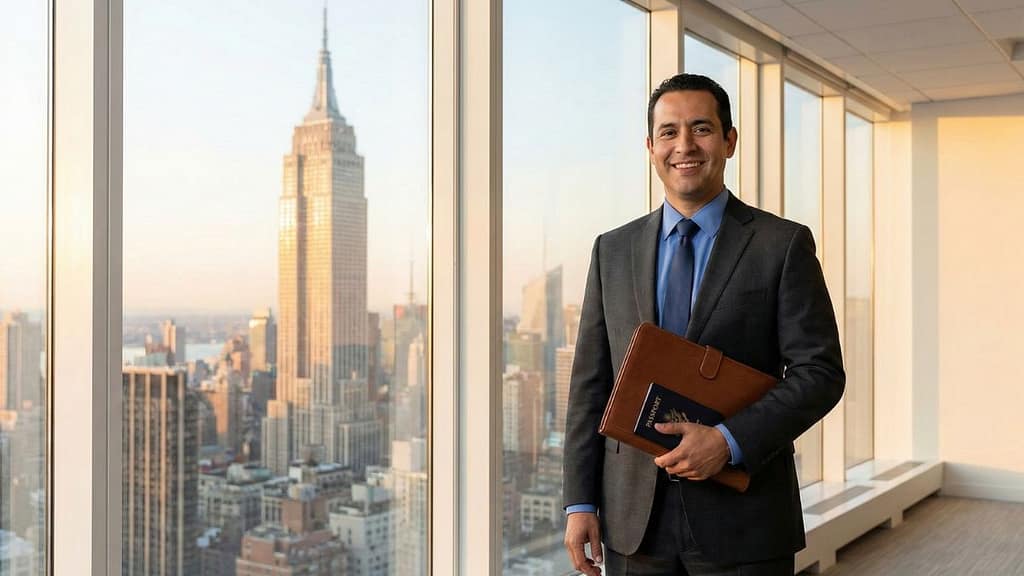Profesional hispano con pasaporte en Estados Unidos representando las visas de trabajo H-1B, TN y O-1.