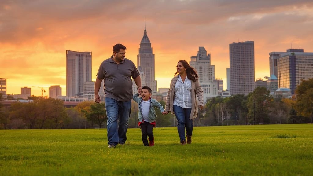 Familia hispana caminando en un parque de Milwaukee, Wisconsin, con edificios de la ciudad al fondo durante el atardecer.