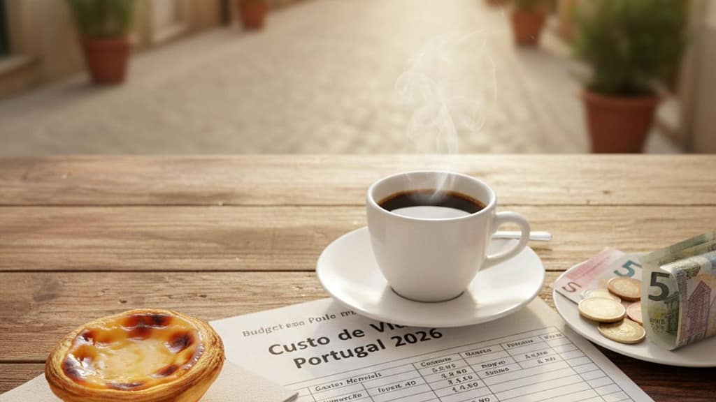 Un café y un pastel de nata sobre una mesa en una terraza de Portugal, con una lista de gastos y monedas de euro, representando el costo de vida.