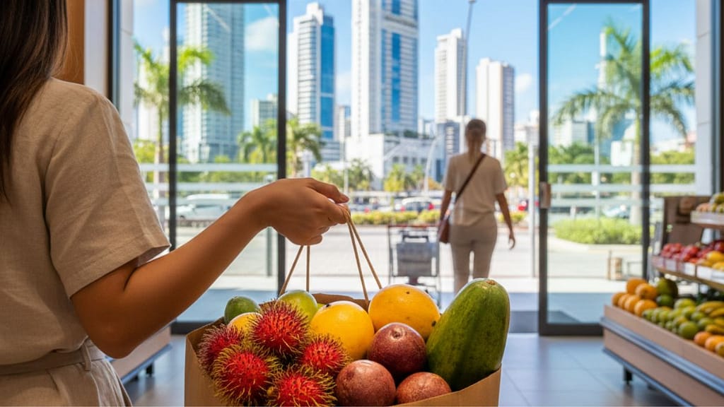 Un carrito de compras con productos locales y una tarjeta de crédito sobre un fondo de la Cinta Costera de Panamá.