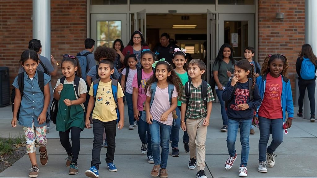 escuela pública en estados unidos con estudiantes latinos entrando al edificio