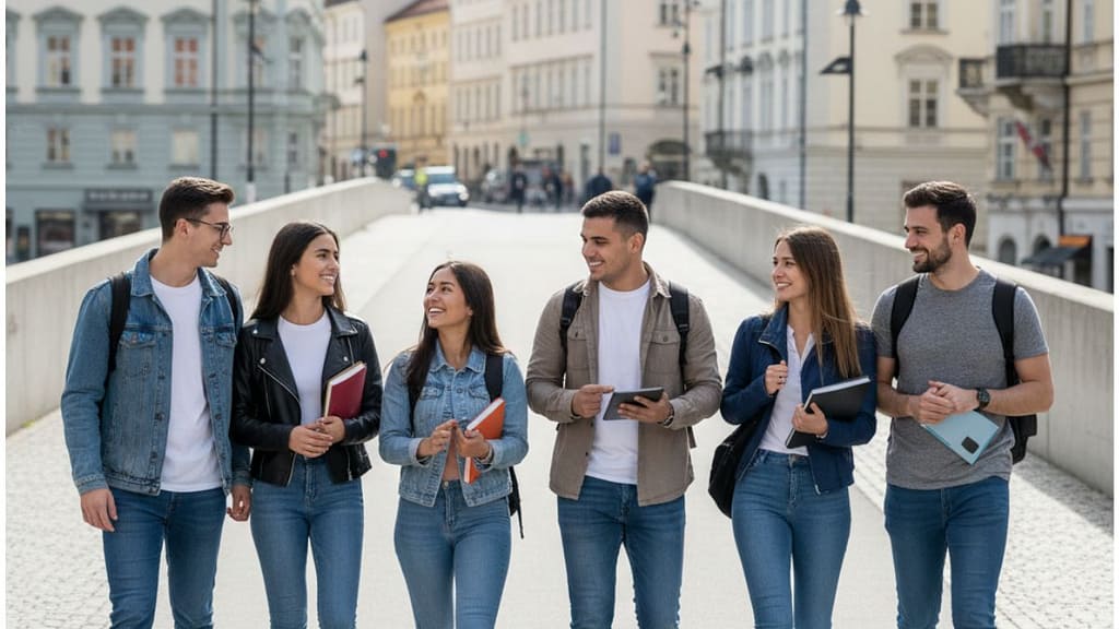Estudiantes universitarios caminando por el centro histórico de Liubliana, representando las oportunidades educativas en Eslovenia.
